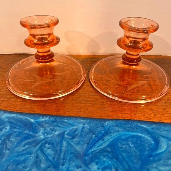 Vintage Pink Depression Glass Etched Flowers Candlesticks - Picture 1 of 7